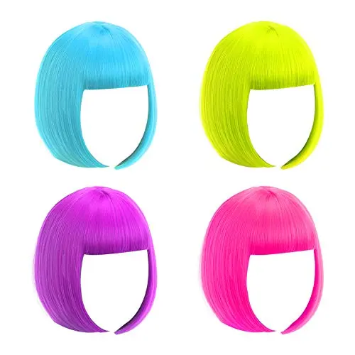 Four short neon bob wigs in blue, green, purple, and hot pink