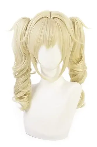LeMarnia golden brown short curly wig for Barbara cosplay on a styrofoam head