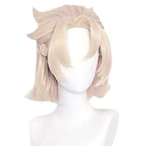 Silver and red short wig with bangs on a model