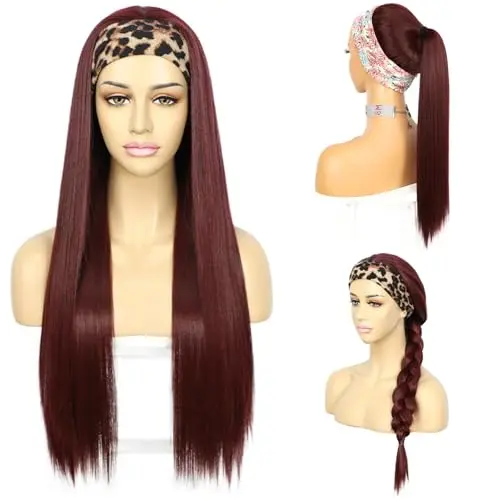 Sapphirewigs burgundy red yaki straight headband wig with ice silk headband
