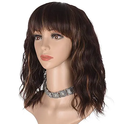 Morvally 16 inch mix brown wavy bob wig with bangs