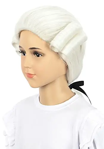 White curly kids colonial judge wig on a child mannequin head