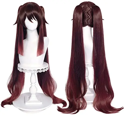 Straight brown pigtails cosplay wig for Hu Tao with cap
