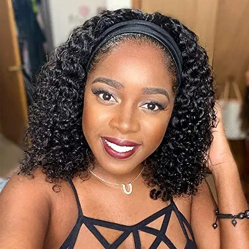 Rebasar 14 inch deep wave curly human hair headband wig in natural black