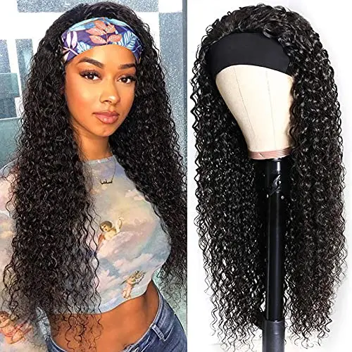 Rebasar 20 inch curly headband wig in natural black, half human hair with stretchy headband