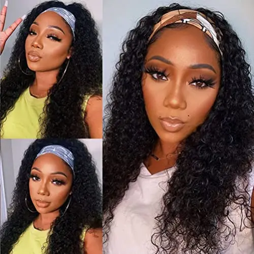 Rebasar curly deep wave headband wig in natural black with stretchy band