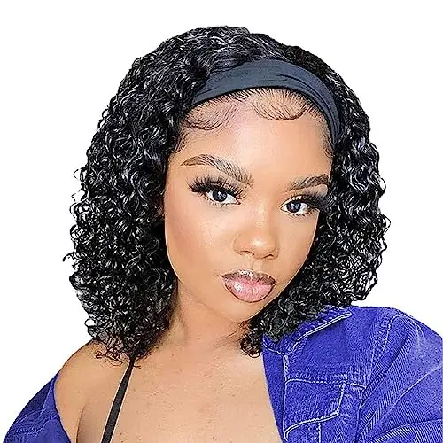Rebasar 12 inch curly deep wave headband wig styled with natural hairline