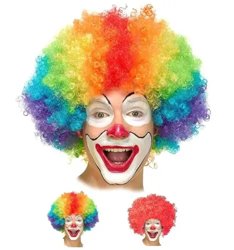 Wrzbest two-pack of red and rainbow clown curly afro wigs