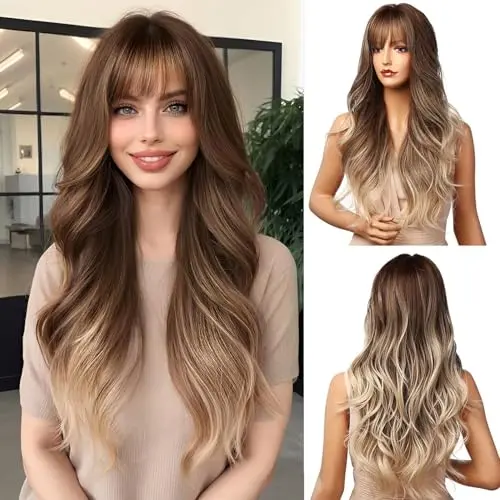 Esmee 24-inch ombre brown to blonde wavy synthetic wig with fringe
