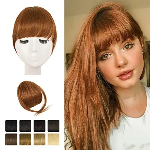 BARSDAR medium auburn human hair clip in blunt bangs displayed on a neutral background