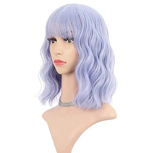 FAELBATY light blue wavy bob wig with blunt fringe