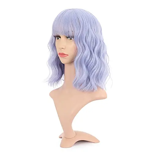Grey blue wavy bob wig with air bangs