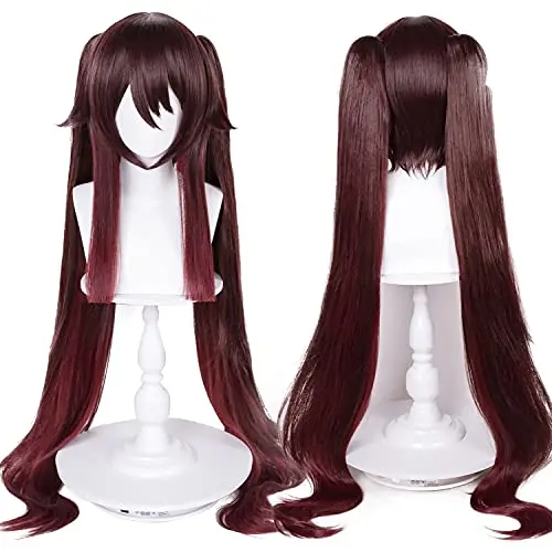 Long brown curly ponytail cosplay wig with bangs for Hu Tao