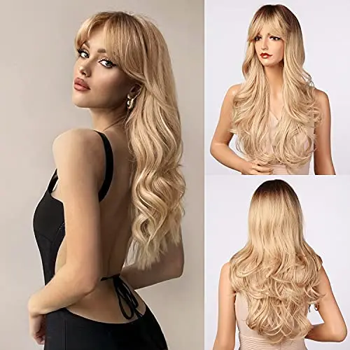 Honygebia long wavy ombre ash blonde curtain bangs wig
