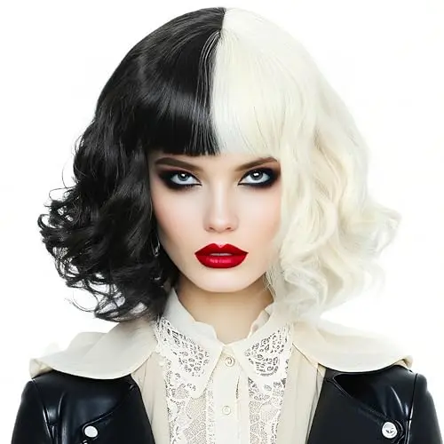 Curly half light blonde and black wig with bangs