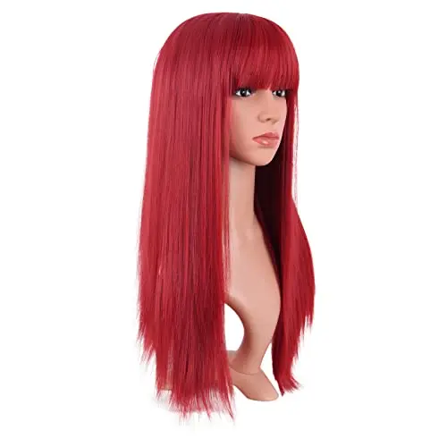 MapofBeauty 24-inch long flat bangs red wig