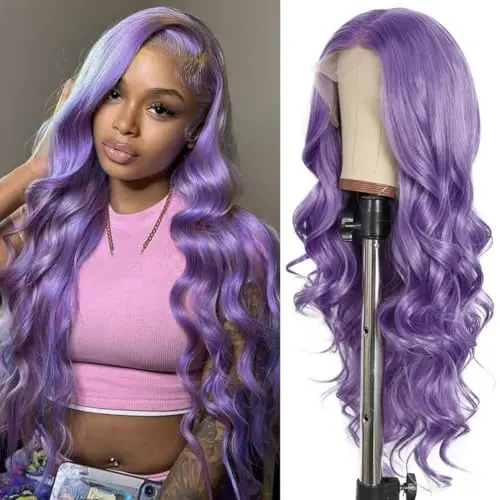 Long curly lavender lace front wig with pre-plucked hairline