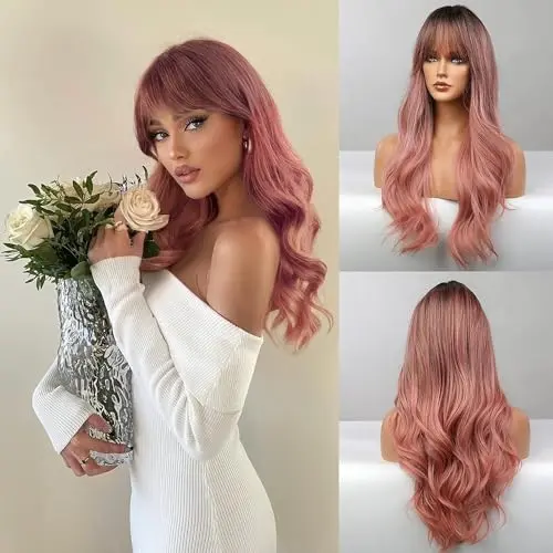 Honygebia long ombre pink wig with dark roots and bangs