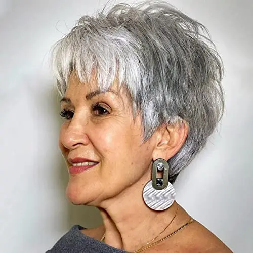 PHOCAS short curly gray pixie wig with bangs front view