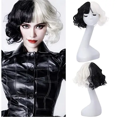 Half black half white short curly wavy wig with bangs