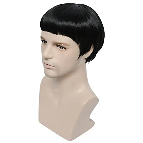 Linfairy Short Black Heat-Resistant Wig on a stand