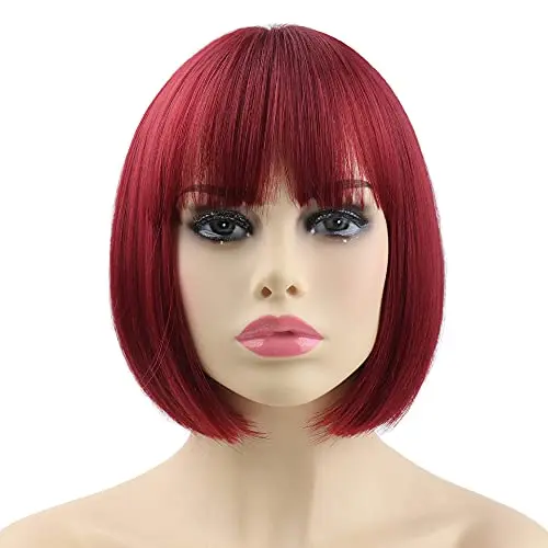 SYXLCYGG 10-inch burgundy bob wig with bangs on a model