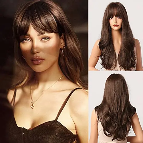 Front view of Honygebia long wavy dark brown wig with bangs