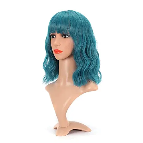VCKOVCKO natural wavy blue bob wig with air bangs on mannequin