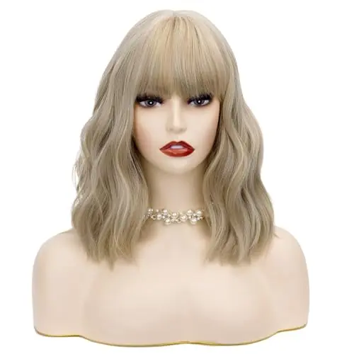 Mix blonde wig with bangs and red heart-shaped sunglasses