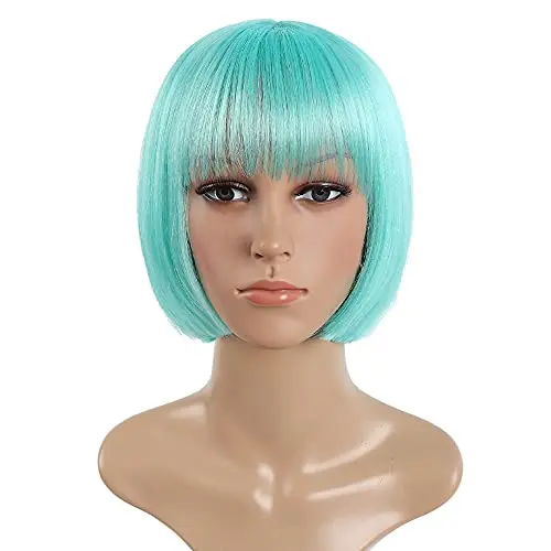 Light blue bob wig with bangs shown on adult woman