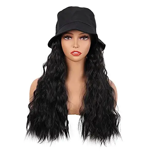 Woman wearing MapofBeauty 24 inch long wavy black ball cap wig
