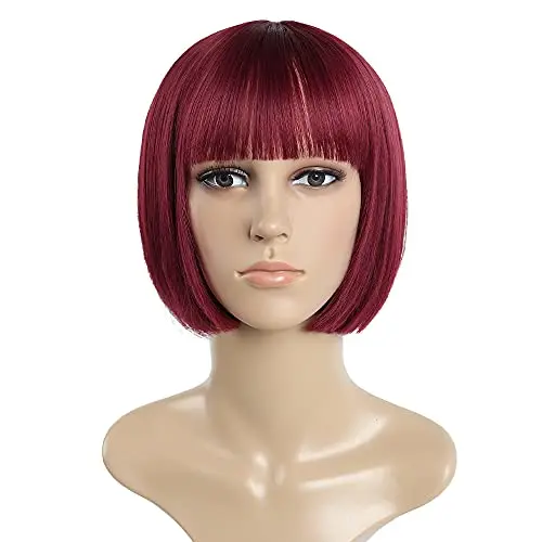 Short burgundy bob wig with bangs on a mannequin