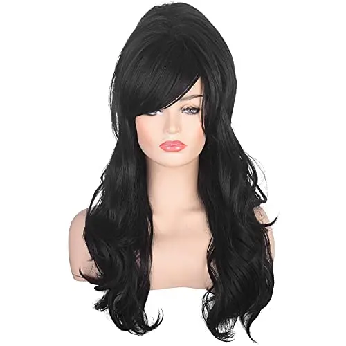 Black long curly beehive wig by AMZCOS