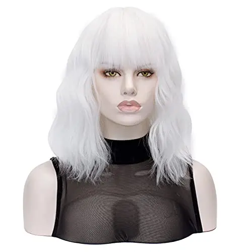 QACCF Short Curly Wavy Bob Wig with Full Bangs in Ivory