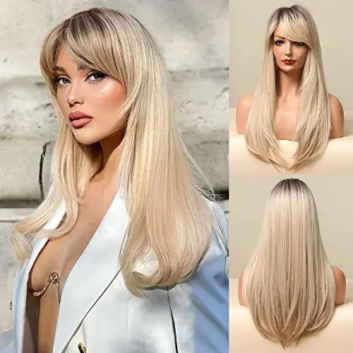 Honygebia long blonde wig with side bangs