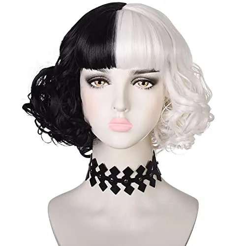 Black and white short curly bob wig with bangs and choker necklace for Cruella