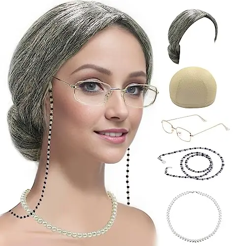 Cupohus old lady costume set with grey bun wig, granny glasses, eyeglass chain, pearl necklace, and wig cap