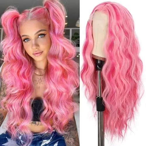 SAPPHIREWIGS Lace Front Wig Highlight Pink Color Long Loose Curly Wavy Heat Resistant Glueless 24 Inches