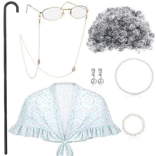 BBTO kids old lady costume set with curly wig, shawl, cane, glasses, chain, pearl necklace, bracelet, and ear clips