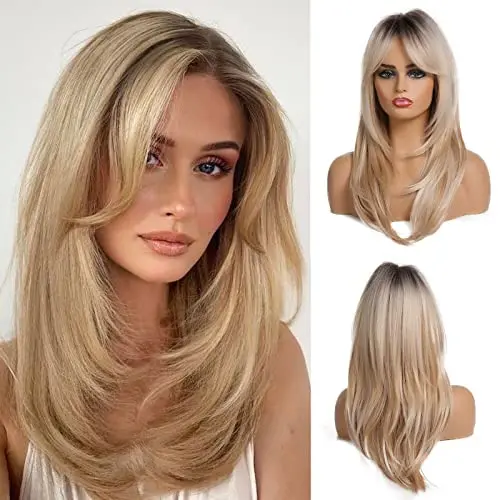 Long straight layered blonde ombre wig with bangs