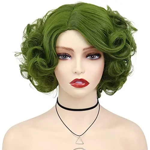 GNIMEGIL Short Olive Green Fluffy Curly Wavy Layered wig