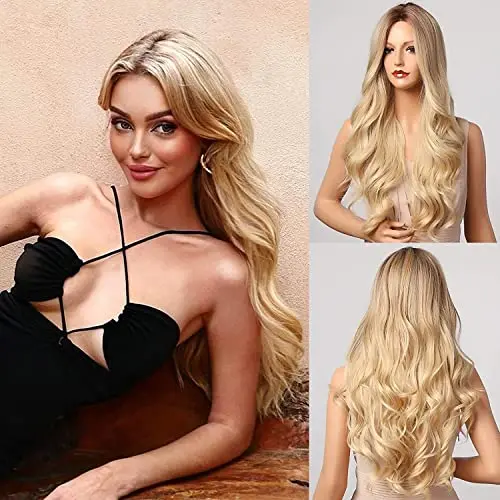 Honygebia long wavy ombre blonde wig with dark roots