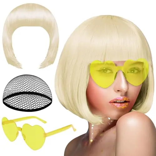 PLULON neon blonde bob wig set with sunglasses and wig cap