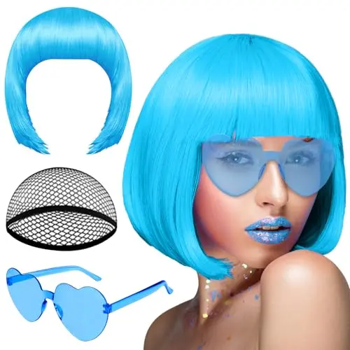 PLULON sky blue bob wig set with sunglasses and wig cap