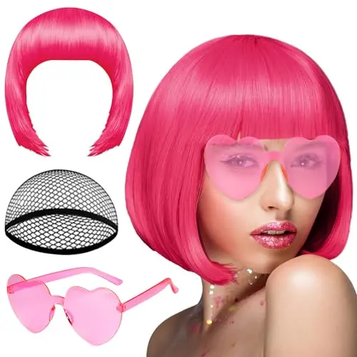 Peach pink short bob wig with sunglasses and wig cap