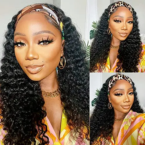 Lauberita headband deep wave wig in natural black, 10 inch, 180 density