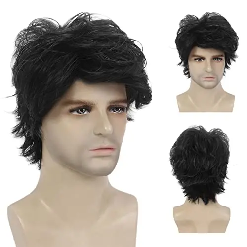 Black short layered wavy men's wig on mannequin