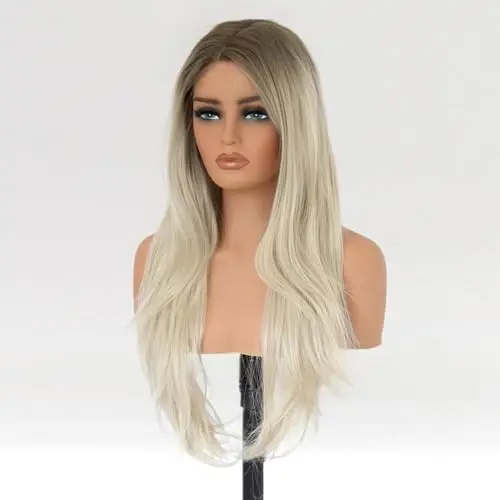 Ombre brown to silver blonde 24-inch straight lace front wig on a mannequin