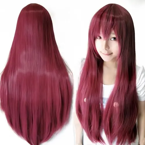 IMISSU 80cm long straight burgundy wig with bangs