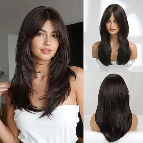 Esmee long straight layered dark brown synthetic wig with bangs
